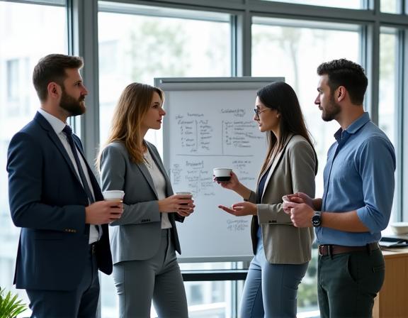 A diverse team of consultants collaborating around a whiteboard.