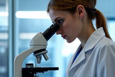 Scientist looking through a microscope in a laboratory