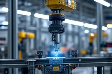 A robotic arm operating on a modern factory assembly line